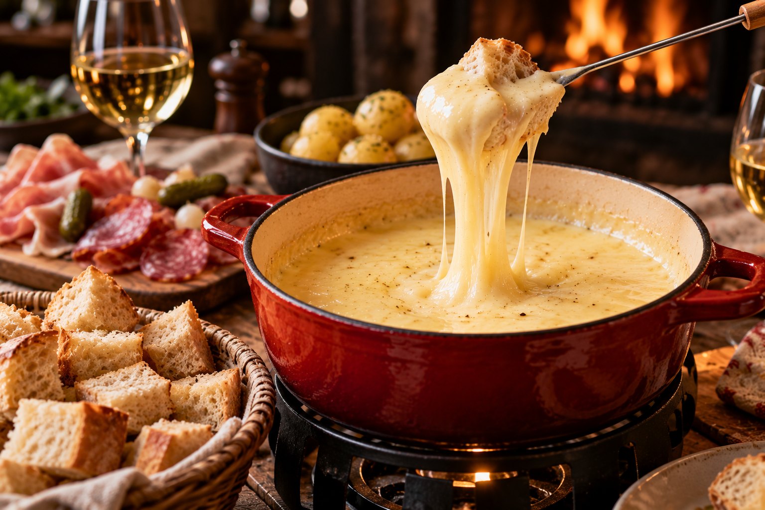 Caquelon de fondue suisse moitié-moitié onctueuse et fondante
