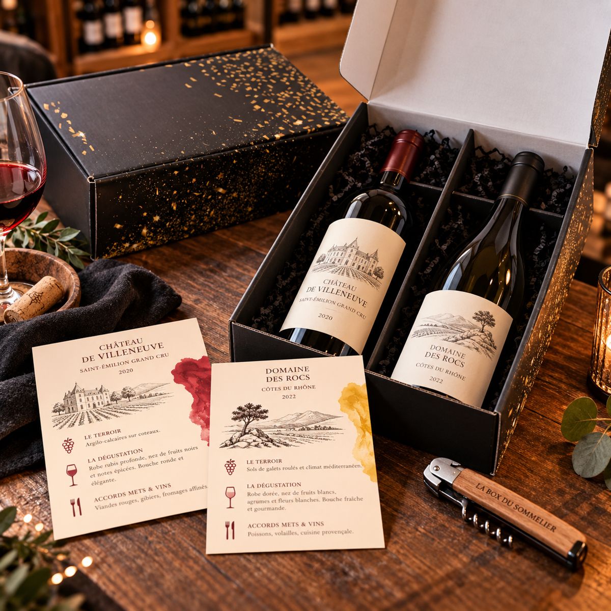 Coffret Box du Sommelier : 2 bouteilles de vin et leurs fiches de dégustation